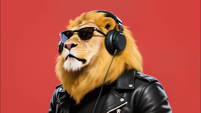 Stylish lion dancing to music, wearing sunglasses, headphones, and a black leather jacket on a vibrant red background &ndash; animated animal character with cool attitude