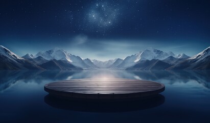 Round wooden podium viewed from behind with snow-capped mountains, calm lake, and starry night sky, creating a serene atmospheric presentation stage.