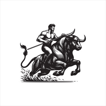 Taurus vector logo illustration of a muscular man riding a bull, eps 9 format