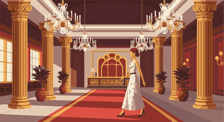 Woman walking along hallway with pillars and chandeliers in luxury interior. Woman walking in gown adds elegance to palatial interior, creating scene of sophistication.