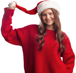 Beautiful santa lady in christmas hat on background