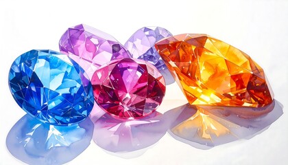 Multicolored, faceted gemstones sparkle against a bright white background