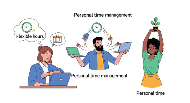 Diverse individuals demonstrating personal time management and flexible working hours for productivity and well being