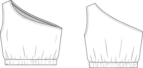 Fashion flat sketch, women one shoulder crop top, elastic waistband, front and back view, technical drawing, apparel design template, vector illustration, clothing CAD.