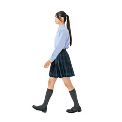 歩く制服の女子学生　手作業で精密に切り抜いた背景透過全身写真PNG