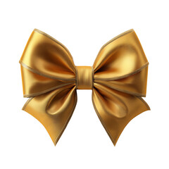 Golden decorative bow with shiny satin texture and elegant folded loops, isolated on a white background.