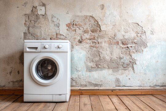 White appliance rests against a textured, damaged wall above a wooden floor
