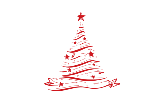 Minimal red line-art Christmas tree with stars, swirls, and a ribbon base on a transparent background.