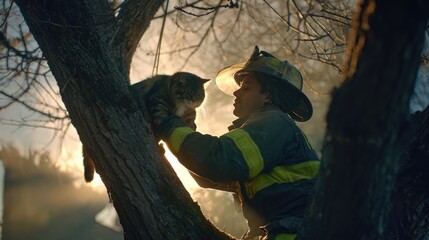 Firefighter rescuing a cat from a tree after extinguishing a fire with smoke and sunlight filtering through