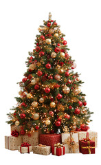 A decorated Christmas tree with red and gold ornaments, glowing lights, and wrapped gifts arranged at the base.