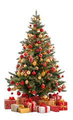 A decorated Christmas tree adorned with red and gold ornaments, warm string lights, and wrapped gifts arranged at the base.