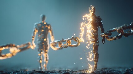 broken chain linking two human figures, half glowing half fading, representing lost connection and emotional distance, surreal conceptual vector, v7 cinematic lighting 