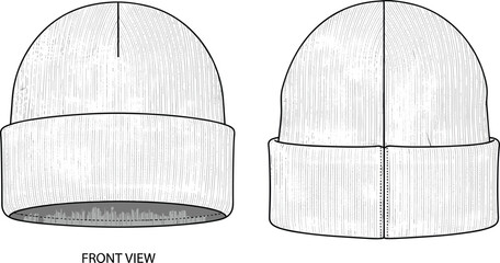 Vector technical sketch of ribbed knitted beanie, fashion CAD illustration showing front and back views, winter accessory design template, linear flat drawing. © MstShahida