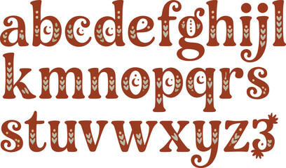 Ornamental lowercase alphabet in decorative earthy color scheme