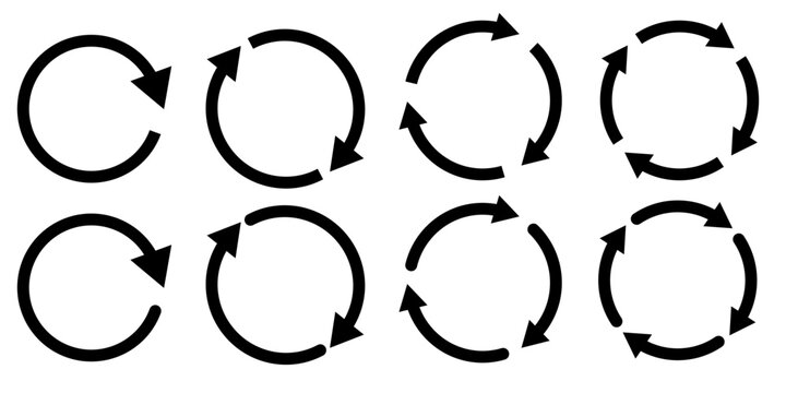 A collection of black circular arrow symbols on a white background. Circular arrows represent restart, undo, recycle, rotate, and reverse symbols.