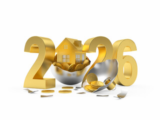 3D illustration of 2026 with a house and coins in a broken Christmas ball. Real estate concept. Isolated on white background.