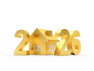 3D illustration of 2026 with a golden house. Real estate concept. Isolated on white background.