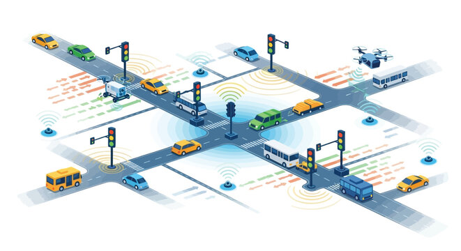 Smart city intersection with autonomous vehicles drones and connected traffic signals