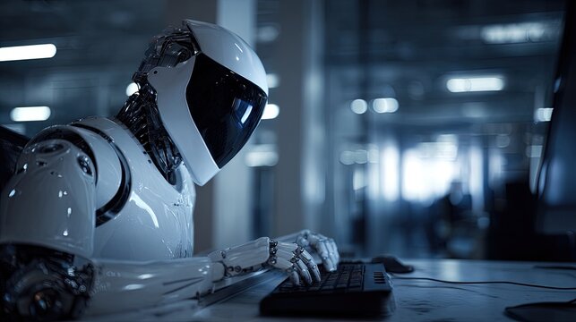 Futuristic robot typing on a keyboard in a dimly lit empty office symbolizing AI automating work sleek design high-tech atmosphere