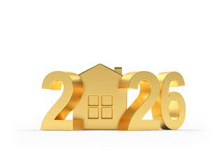 3D illustration of the golden number 2026 with a house icon. Isolated on a white background.