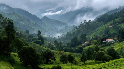 Fototapeta premium Beautiful landscape of rolling green hills covered in a lush tea plantation. a few small houses are nestled in the landscape with low-hanging fog.