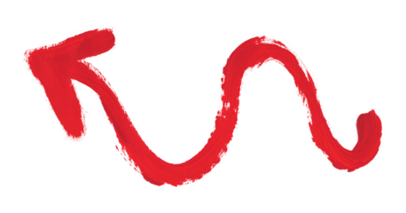Hand-painted red curved arrow made with brush strokes, isolated on transparent background. Ideal design and infographic element for creative layouts and visual highlights