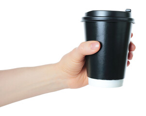 Hand holding a black kraft coffee cup. Clean studio lighting, texture, isolated on transparent background. Perfect for branding, packaging, and advertising use