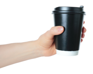 Hand holding a black kraft coffee cup. Clean studio lighting, texture, isolated on transparent background. Perfect for branding, packaging, and advertising use