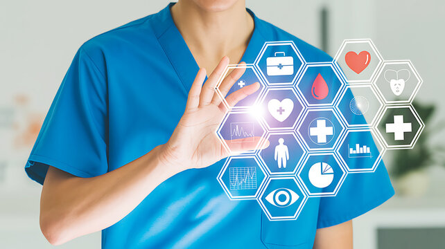 Doctor using medical interface showing healthcare diagnostics and patient data information