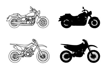 Obraz premium Set of four motorcycle designs including cruiser, chopper, dirt bike, and motocross styles