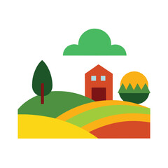 Farm Landscape in Simple Flat Color Clean Rural Field Minimal Nature Art Line Art Vector illustration