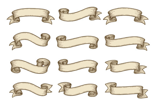 Set of twelve retro decorative scroll banners with vintage engraved texture