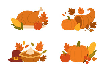 Traditional Thanksgiving and Autumn Harvest Symbols with Turkey, Pumpkin Pie, and Cornucopia