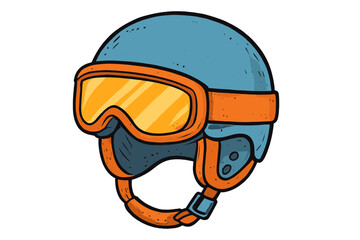 Obraz premium Blue and orange ski helmet and yellow goggles for winter sports protection
