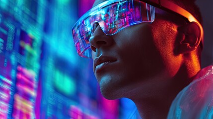 Futuristic scientist in augmented reality glasses analyzing vibrant AI holograms glowing data visualizations high-tech lab cyberpunk aesthetic dynamic composition