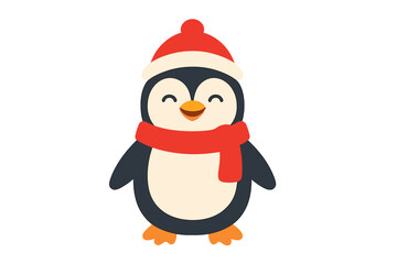 Adorable smiling penguin character wearing festive red winter beanie and scarf