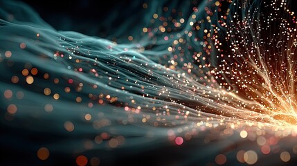 Abstract visualization of data flow as vibrant energy fields with interconnected neural sparks and particles in a cosmic dark space