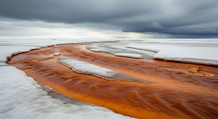 Rusty-Orange Meltwater River Flowing Through Melting Snow