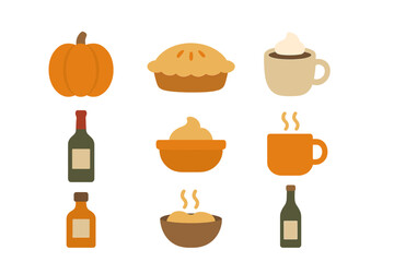 Autumn harvest food and drink set featuring pumpkin pie hot beverages and wine bottles