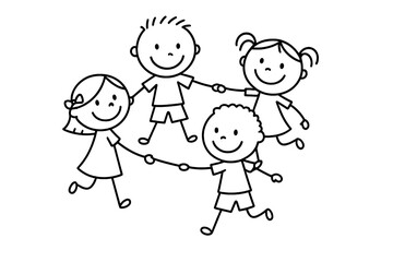 Happy smiling children holding hands together in a circle playing a game of friendship and unity