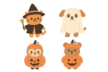 Cute Halloween animals in costumes: witch cat, ghost dog, pumpkin owl, and jack-o'-lantern bear