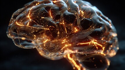 Complex AI brain built from glowing circuit pathways holographic connections pulsing with energy abstract tech animation style deep black background