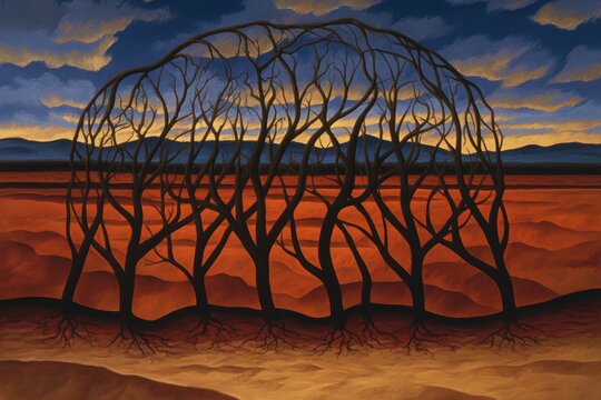 surreal landscape with arched dead trees, roots, and red desert dunes under colorful sky in chromolithography style
