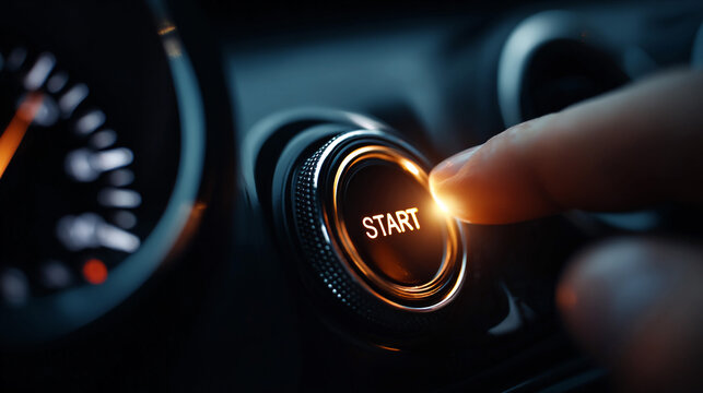 Finger pressing start button in a car's ignition at night