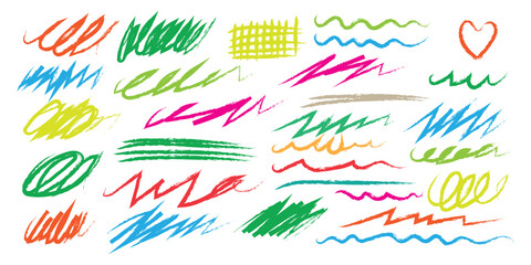 Crayon colorful scribbles and underline icon set vector. Hand drawn grunge scrawls, black charcoal scribbles, messy brush strokes symbol. vector illustration.