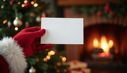 Santa hand holding a blank card mockup on christmas tree and fireplace background