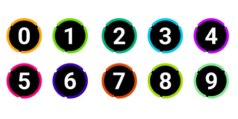Collection of bullet point designs from 0 to 9. Number icons with round designs.