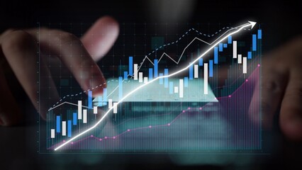 A detailed representation of business analytics and growth featuring hands typing on a keyboard. Overlaid graphs show financial success and data insights. Copula