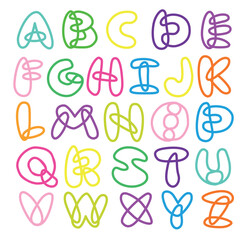 A cheerful, hand-drawn vector alphabet bursting with bright colors. Each letter is isolated on a background, making this set perfectly suitable for engaging children's projects, educational materials