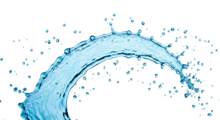 A vibrant aqua blue water splash, forming an elegant wave with suspended spherical droplets and iridescent bubbles, captured in ultra high-speed macro on a transparent background with copy space,